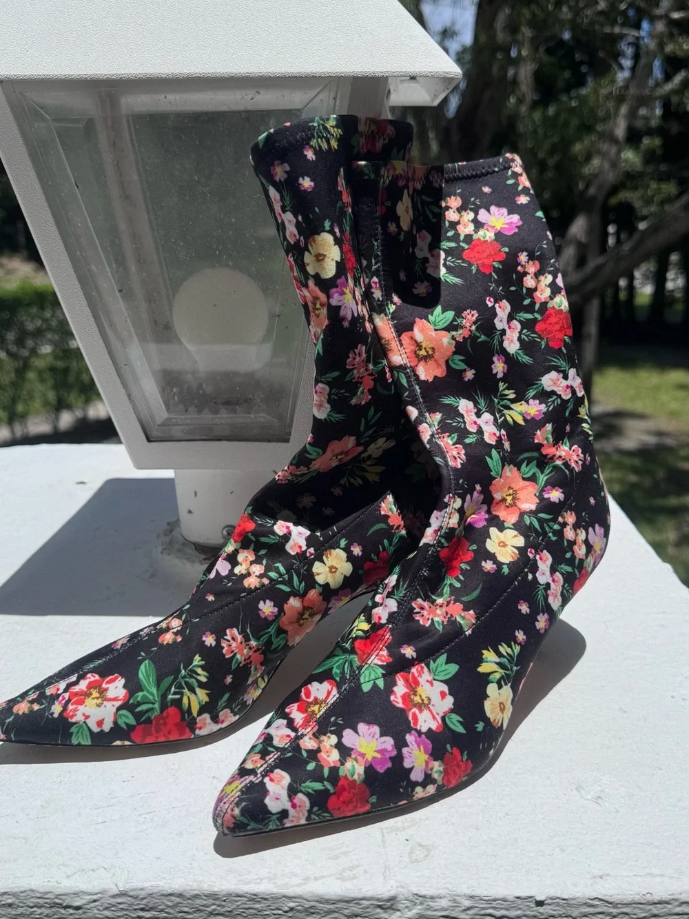 Steve Madden Black Floral Sock Booties with Chain Accent